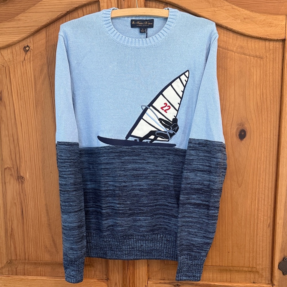 NWT Brooks Brothers Light Blue and Navy Sailboat Crewneck Sweater